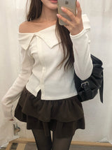 カシエボタンオフショルダーアンバランスリボンニット