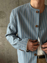 Pin stripe collarless crop jacket(2color)