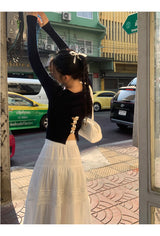 バックホワイトボウロングスリーブニットTシャツ