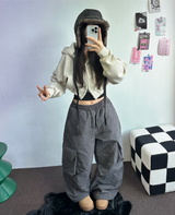 ヒーター❤カーゴオーバーロングバンディングパンツ 🩶🖤🤎💚4COLOR