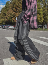 Moshu track line string denim pants