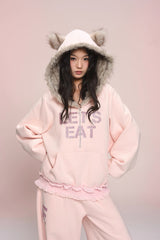 eat me plz* Cathy Cat Ear Fur Fleece Hoodie for Autumn-Winter Warmth Jacket
