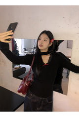 Choker V-neck Lace V-neck Long Sleeve T-shirt