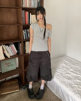 アンゾストライプオフショルダーショートスリーブTシャツ