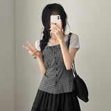 Back Ribbon🌟Check Square Slim Sleeveless Blouse 2 Colors