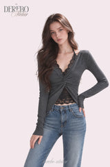 Roy Black Halter Lace Twist Long Sleeve T-shirt