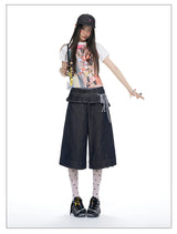Ruffle-Layer Wide-Leg Denim Bermuda Shorts