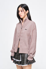 CABLE KNIT METAL LOGO ZIP-UP PINK