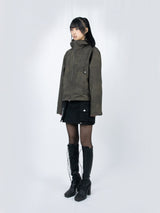Curved Hood Leather Jacket (Khaki Black)