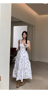 Blue Flower Cotton Sleeveless Long Dress