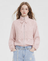 [PRE-FALL] Flora Tweed Layered Ribbon High-Neck String Windbreaker Pink