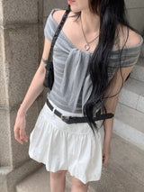 [🖤MD PICK] シネマストライプタイオフショルダートップ (Gray)