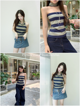 ホルターネックホットストライプスリーブレスTシャツ