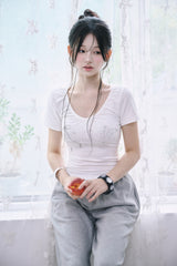 [MADE] Sparkle Rhinestone Ruched V-Neck Tee