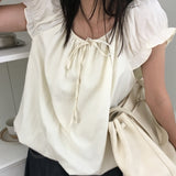 レモンルーズフィットパフショルダーシャーリングバルーンスリーブサマー半袖ブラウス (3 colors)