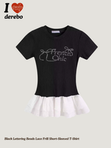 ブラックレタリングビーズレースフリル半袖Tシャツ