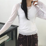 Nowell heart cutting see-through tencel wave u-neck long sleeve t-shirt