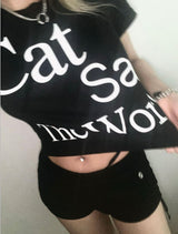 Cat Save The World クロップTシャツ (Black, White)
