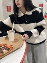 [UNISEX] Take Hachi Dangara Striped Collar Neck Long Sleeve Knit (5 colors)