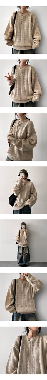 Ichi ケーブルスナップヘンリーネックニット