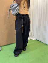 Black high-button-up wide pants