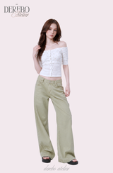 Sherbet off-shoulder button short sleeve T-shirt