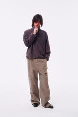 GARMENT-DYED DISTRESSED BELT LOOP POCKET CROSS PLEAT COLOR-TOOTH ZIPPER DRAWSTRING CARGO PANTS