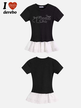 ブラックレタリングビーズレースフリル半袖Tシャツ