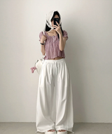 Checkered Ruffle Square Button Short Sleeve Blouse