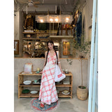 Red checkered V-neck sleeveless long dress