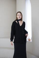 Offshoulder Wrap Strap Cardigan Black