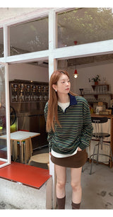 ディープグリーンストライプカラーオーバーサイズフィットロングスリーブTシャツ