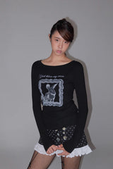 eatmeplz* ブラックレースラビット ラウンドネック プリントフィット長袖Tシャツ