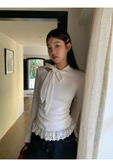 ハーフタートルネックストラップレースフリルロングスリーブTシャツ