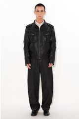A versatile stand-collar, regular-shoulder leather jacket