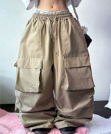 HIGH QUALITY 💛 KOREAN / STRING 🩶 FRONT CARGO PARACHUTE RIVET COTTON LONG PANTS 💛🩶🖤💚 - 4 COLORS