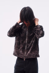 LEOPARD VELVET DOUBLE-HEAD COLOR-TOOTH ZIPPER SMUDGED SPRAY DISTRESSED TAILORED STAND COLLAR JACKET