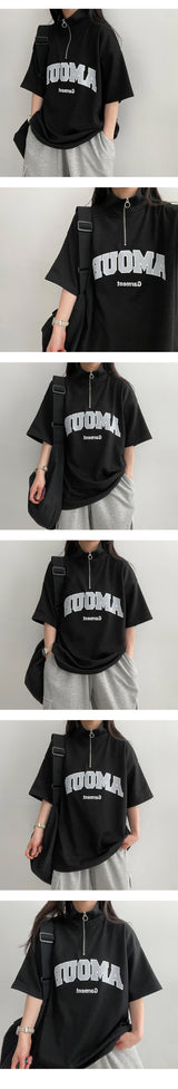 Janbeau レタリングハーフジップアップ半袖Tシャツ