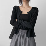  Round Button Long-Sleeved Semi-Crop Cardigan (4 colors)