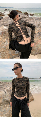 Camo plage back strap long-sleeve zip-up T-shirt