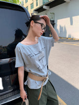 レタリングワンショルダーオフショルダーオーバーフィット半袖Tシャツ