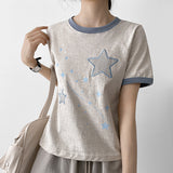 Kitch Look 💖 Night Star Patch Ringer Short Sleeve T-shirt  (4 colors)