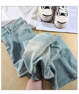 Light Wash Rhinestone Flare Jeans – Relaxed Wide Micro Flare Denim