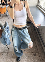 [Unisex] ニーデストロイドワイドデニムパンツ