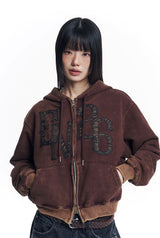 Washed Leather Patch Hooded Zip-Up - Brown