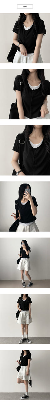 スパンデックスVネックカラーレイヤードボタンカーディガンTシャツ