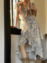 French flower shirring wrap dress