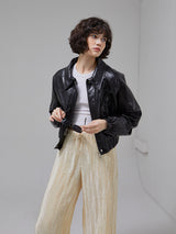 [LINE] Collar Crop Leather Jacket