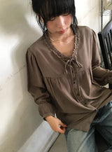 26FW★ [BAONHAUS] Muon Shirring Ribbon Blouse