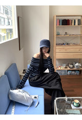 Stripe Slim Off-Shoulder Long-Sleeved Knit T-Shirt